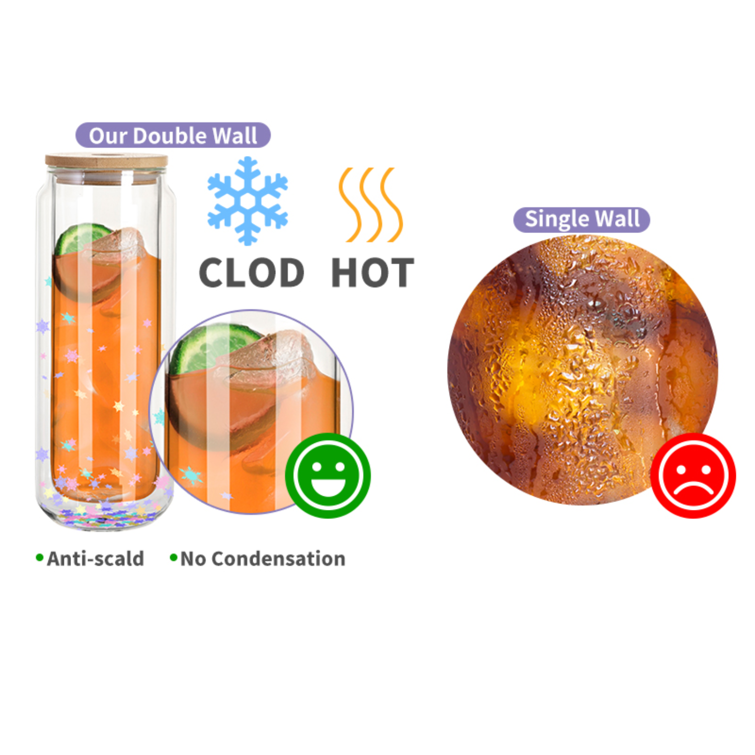 Can Glass Doble Pared para Snowglobe | Tapa de bambú y carrizo | Clear | 10oz