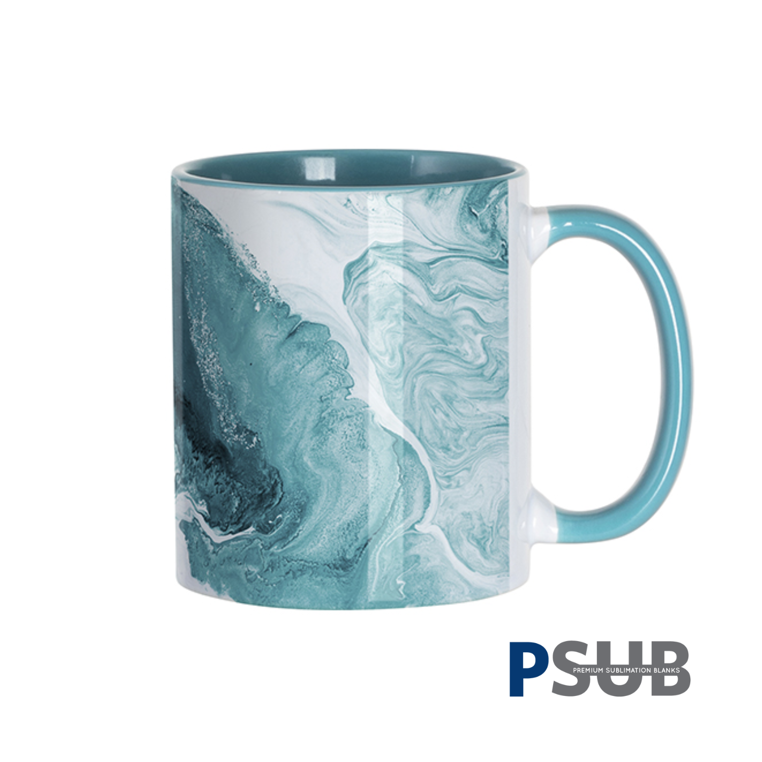 Taza Cerámica para Sublimación Blanca con Interior y Asa Turquesa | 11oz