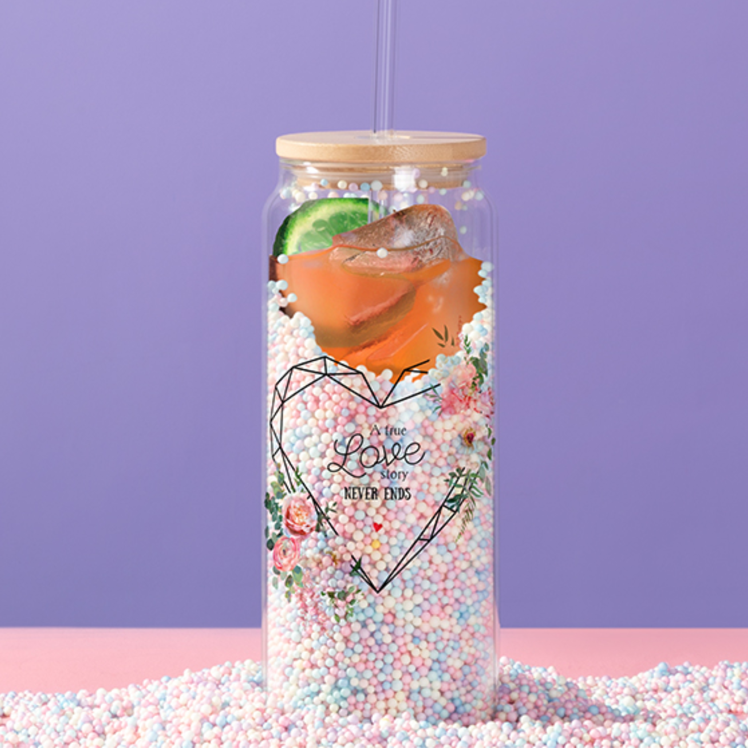 Can Glass Doble Pared para Snowglobe | Tapa de bambú y carrizo | Clear | 15oz