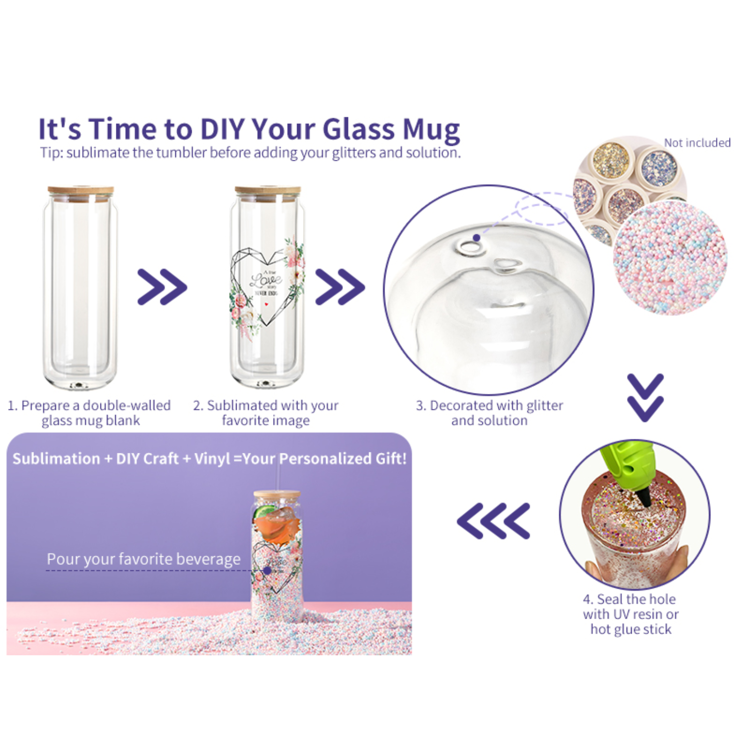 Can Glass Doble Pared para Snowglobe | Tapa de bambú y carrizo | Clear | 15oz