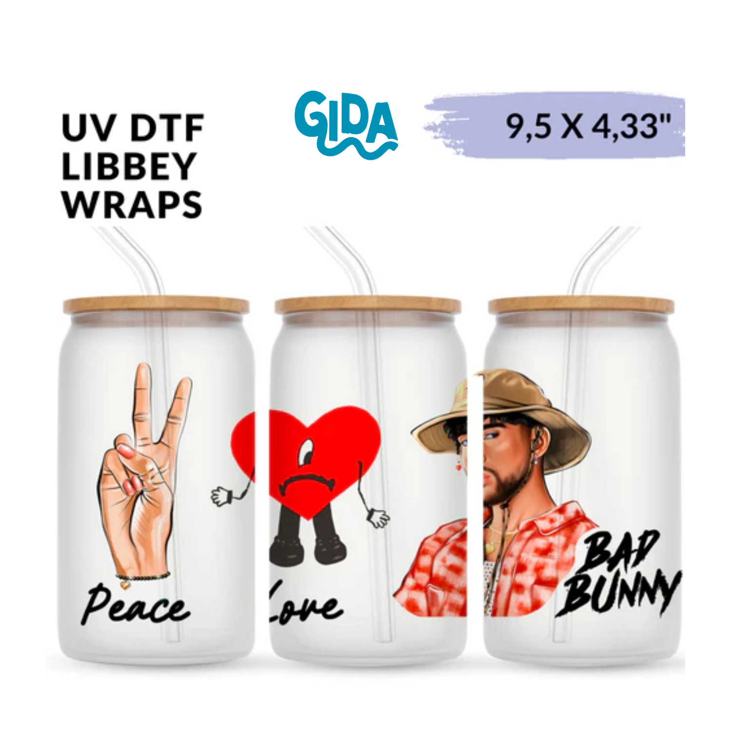 UV DTF Wrap | Peace and Love Bad bunny | 9.5 x 4.33"