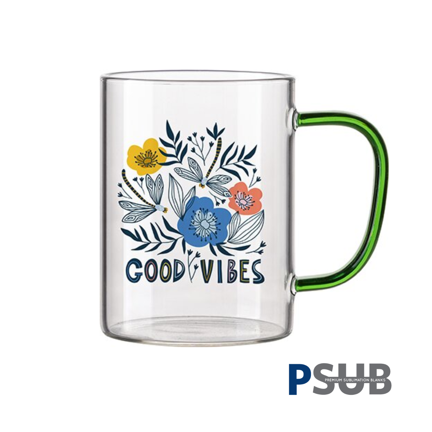 PSub - Taza de Vidrio de 15oz | Transparente con Asa Verde Claro - Promo Viniles Panamá