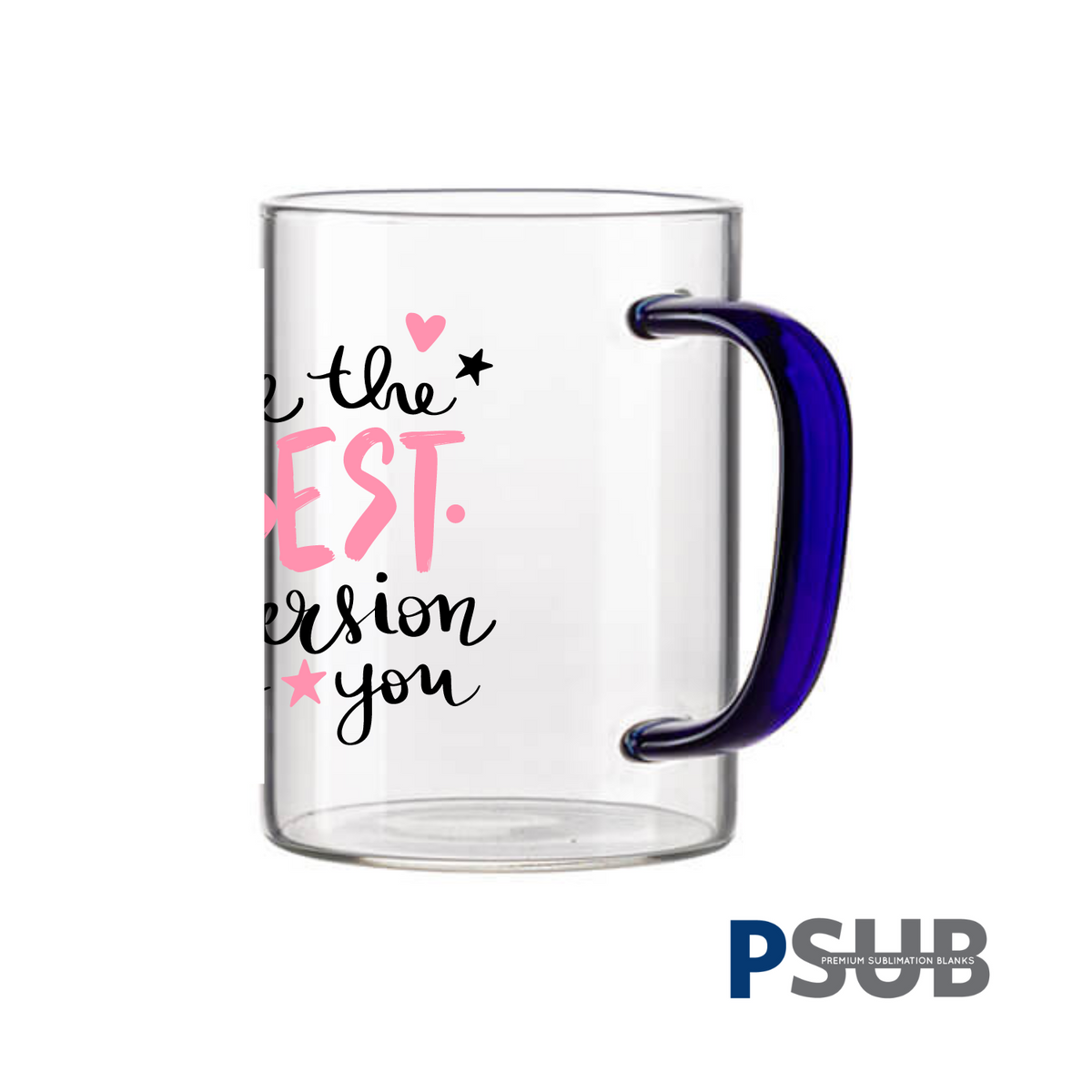 Taza de Vidrio de 15oz | Transparente con Asa azul Oscuro