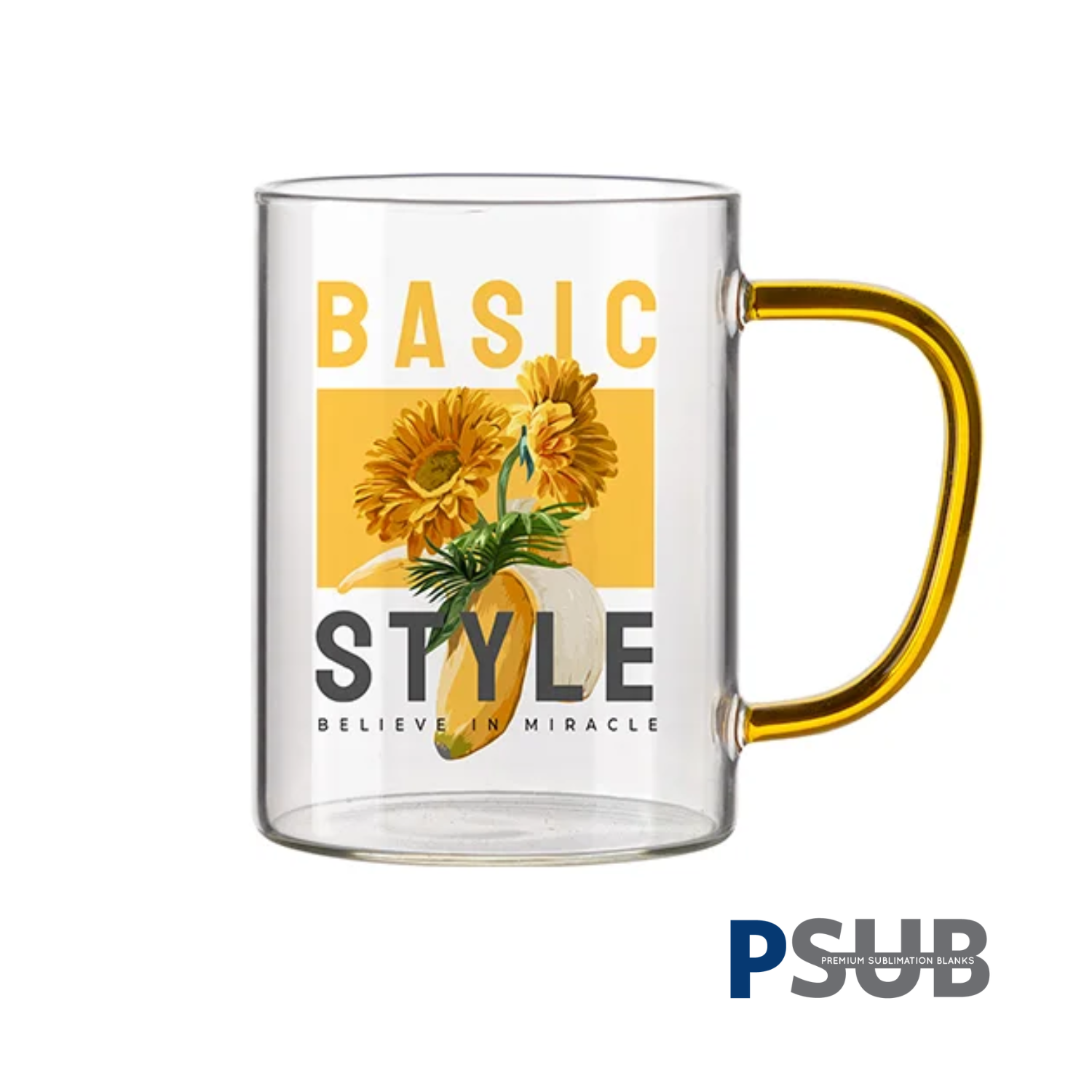 PSub - Taza de Vidrio de 15oz | Transparente con Asa Amarilla - Promo Viniles Panamá