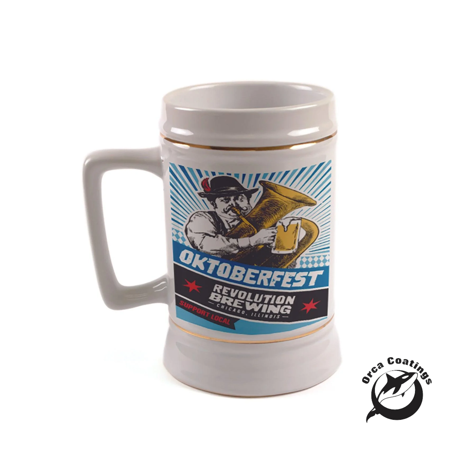 Jarra de Cerveza Blanca - Mango Rectangular | Borde Dorado | 22oz