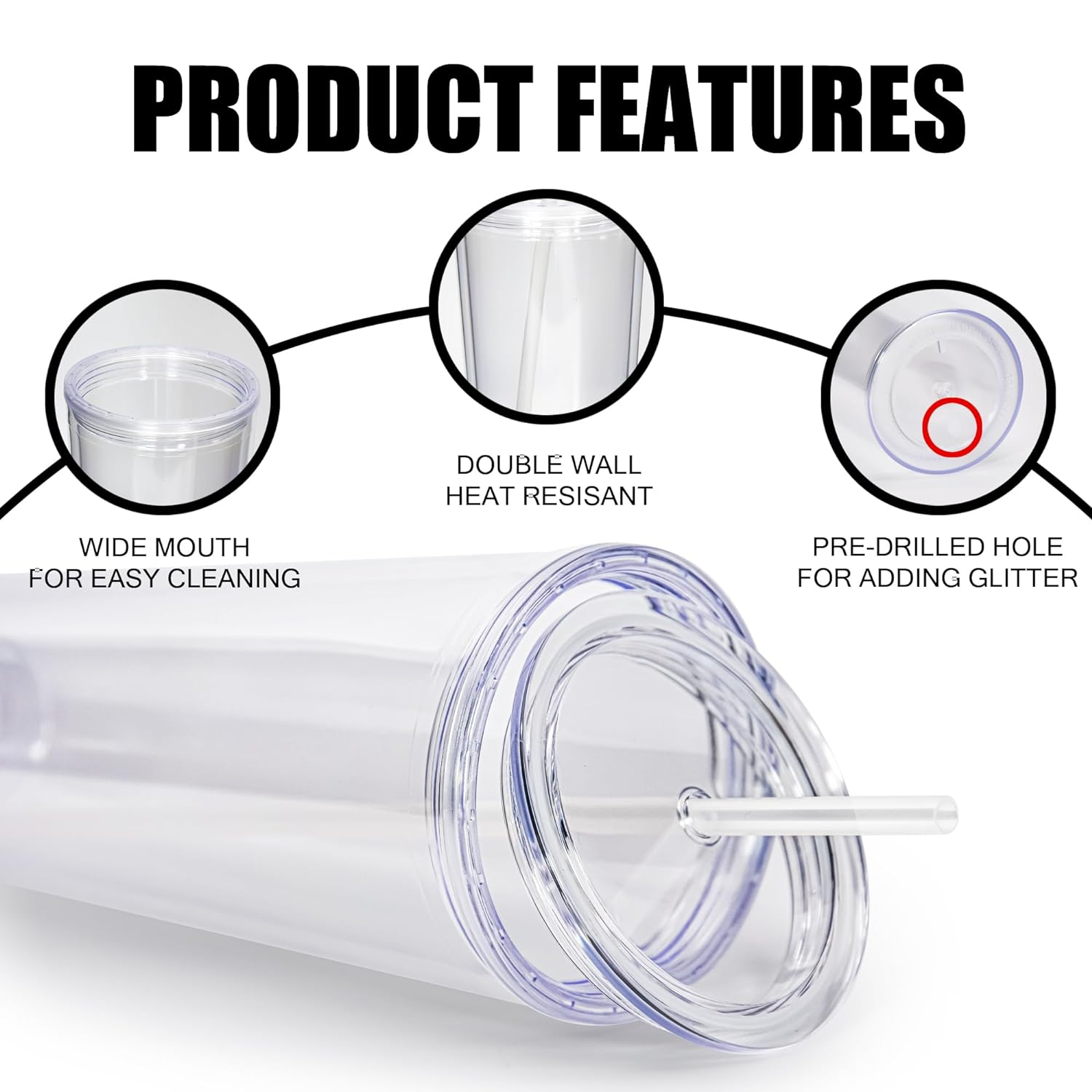 Vaso Acrílico Transparente | Doble Pared | 24 oz | Tapa Rosa