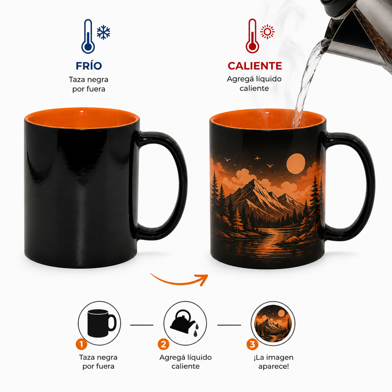 Taza de Cerámica Mágica | Negra con Interior Naranja | 11oz