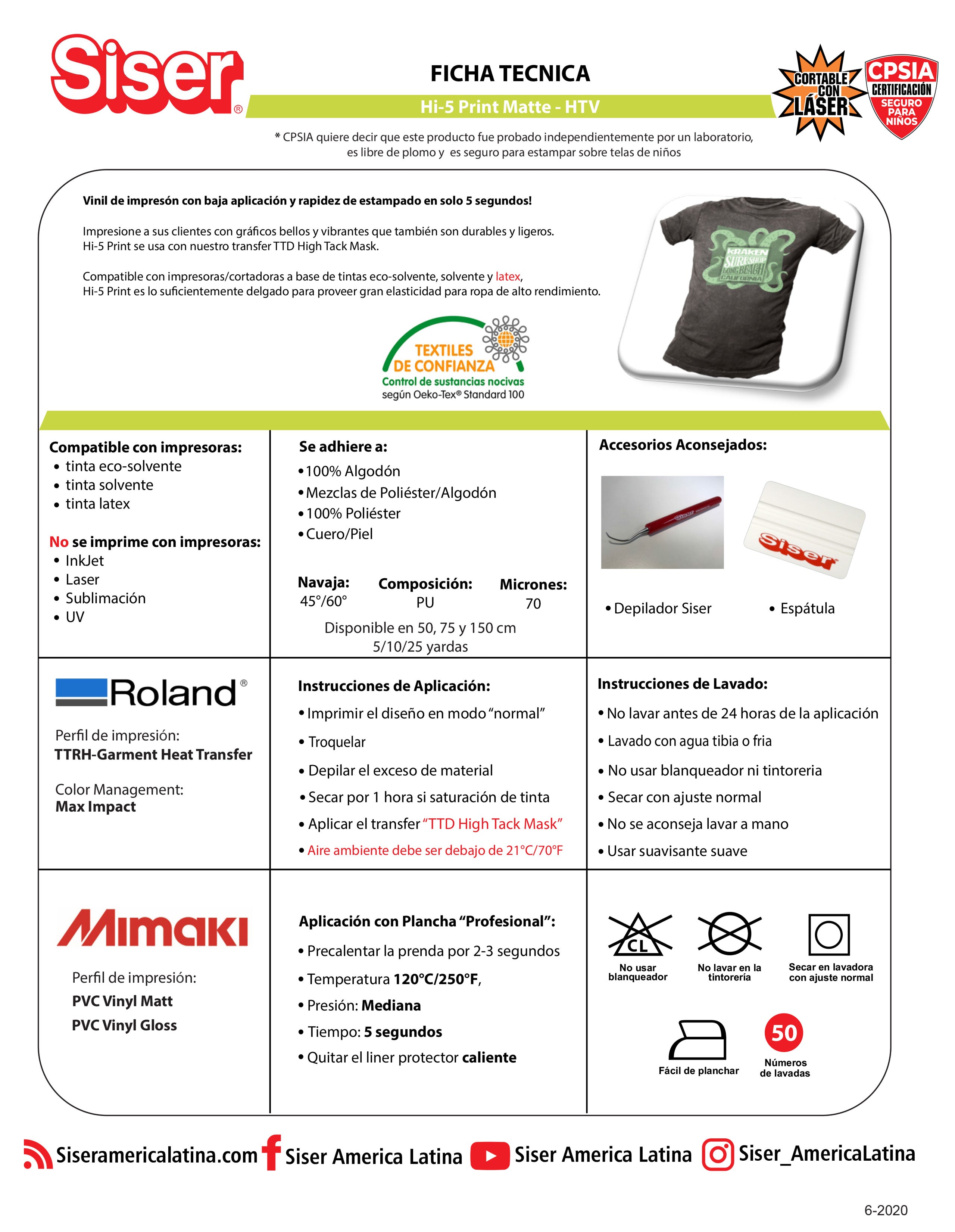 Siser Hi-5 Print Matte | Vinil Imprimible para Plotters | Ancho de 20"