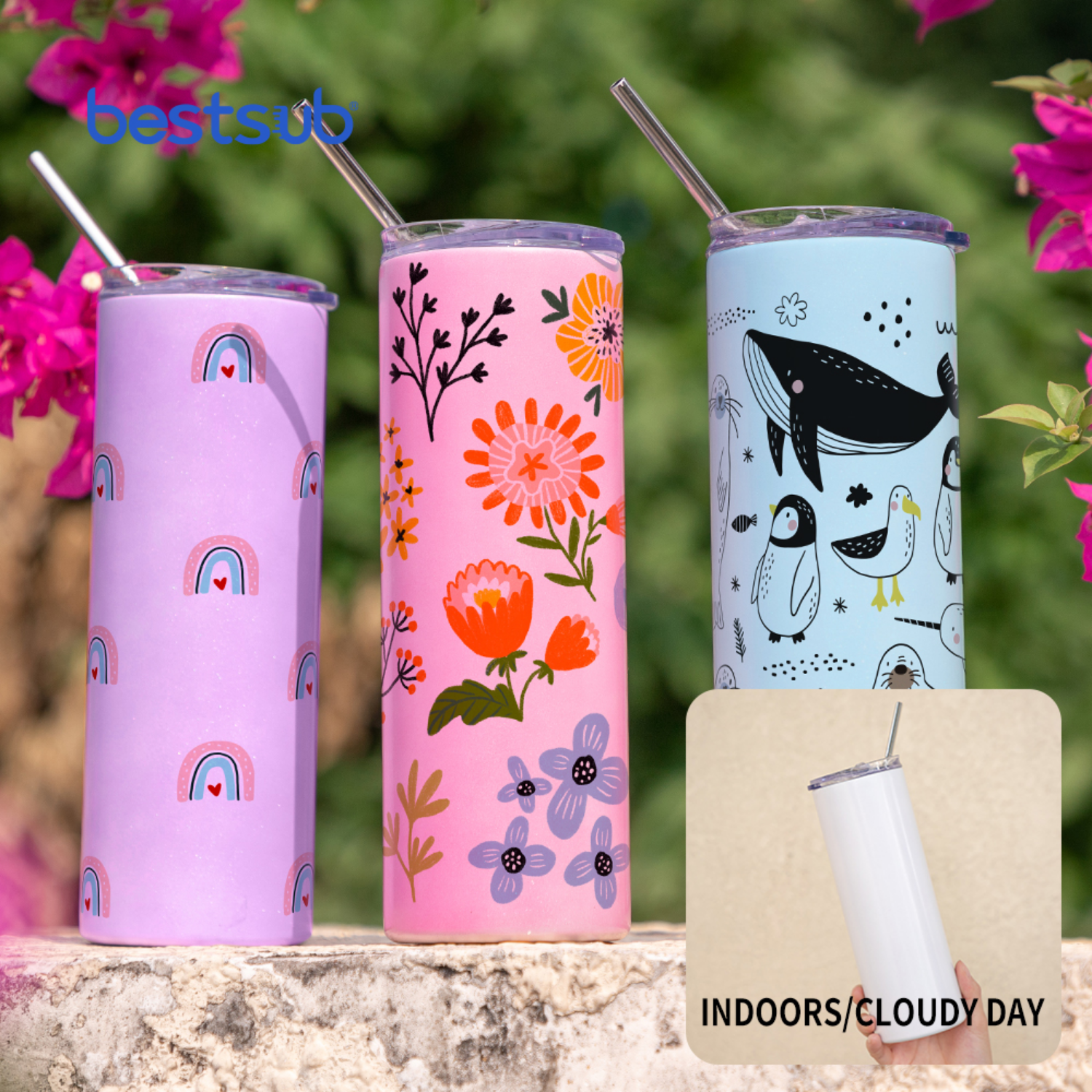 Skinny Tumbler | Sublimable | UV Color Change | White to Purple | 20oz