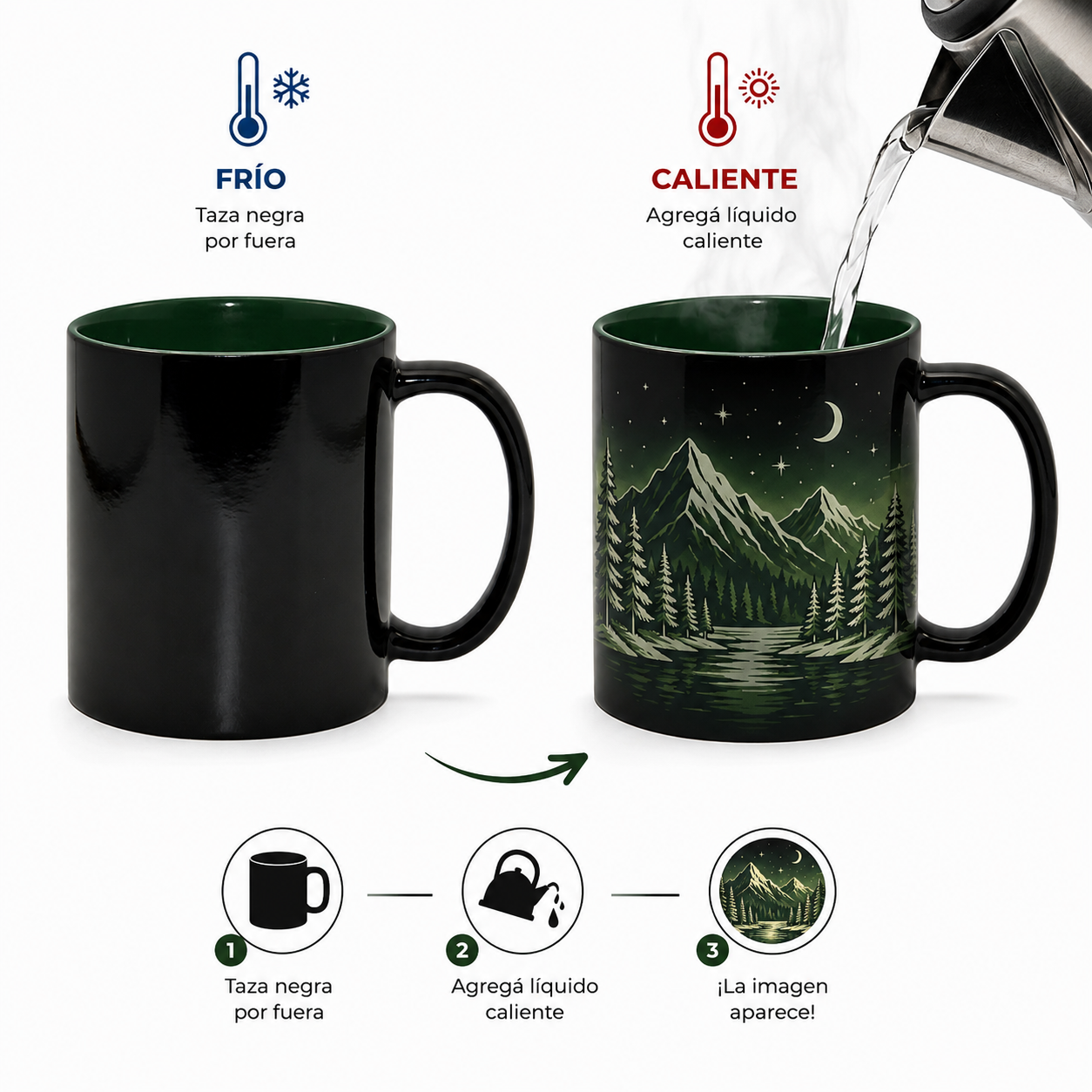 Taza de Cerámica Mágica | Negra con Interior Verde Oscuro | 11oz
