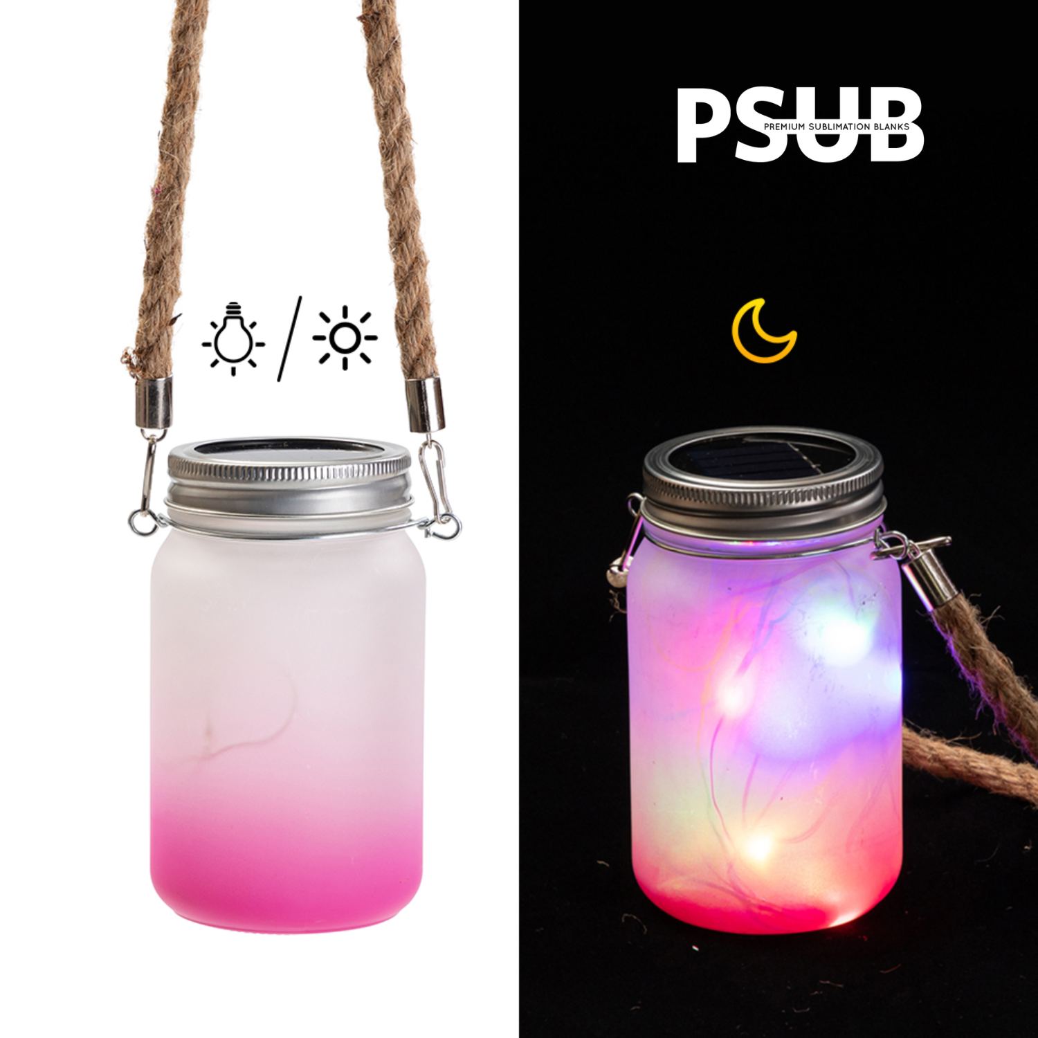 Mason Jar de Vidrio | Con luces y cuerda | Frosted con degradé rosa | 15 oz
