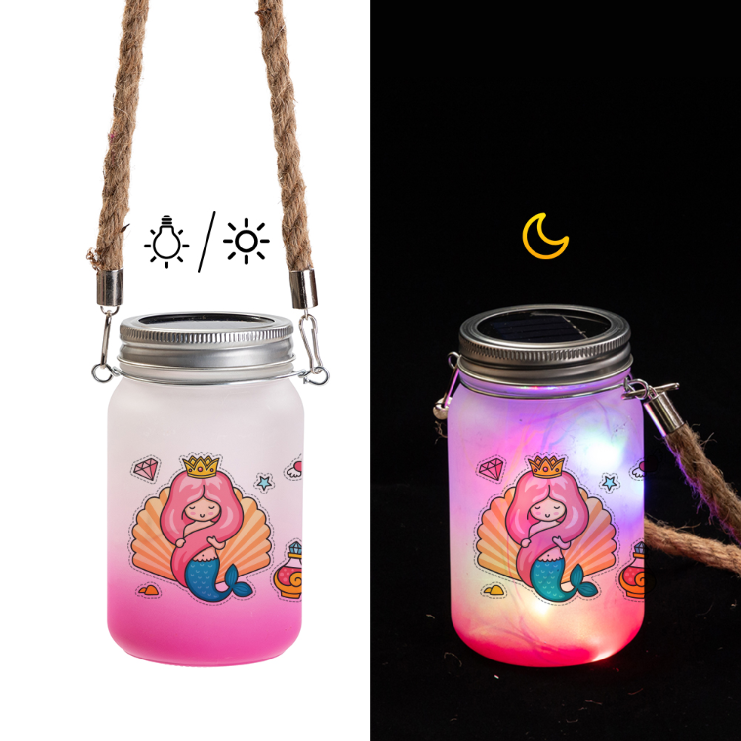 Mason Jar de Vidrio | Con luces y cuerda | Frosted con degradé rosa | 15 oz