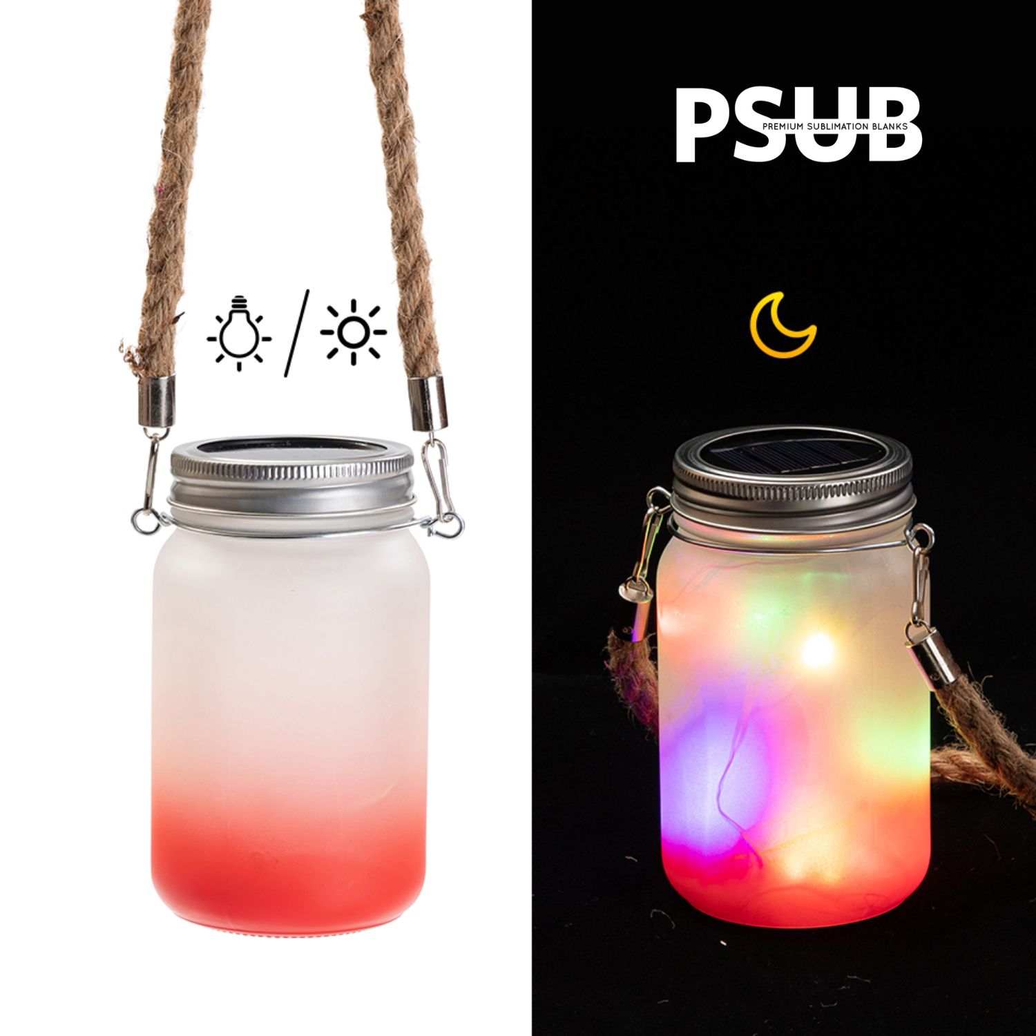 Mason Jar de Vidrio | Con luces y cuerda | Frosted con degradé rojo | 15 oz