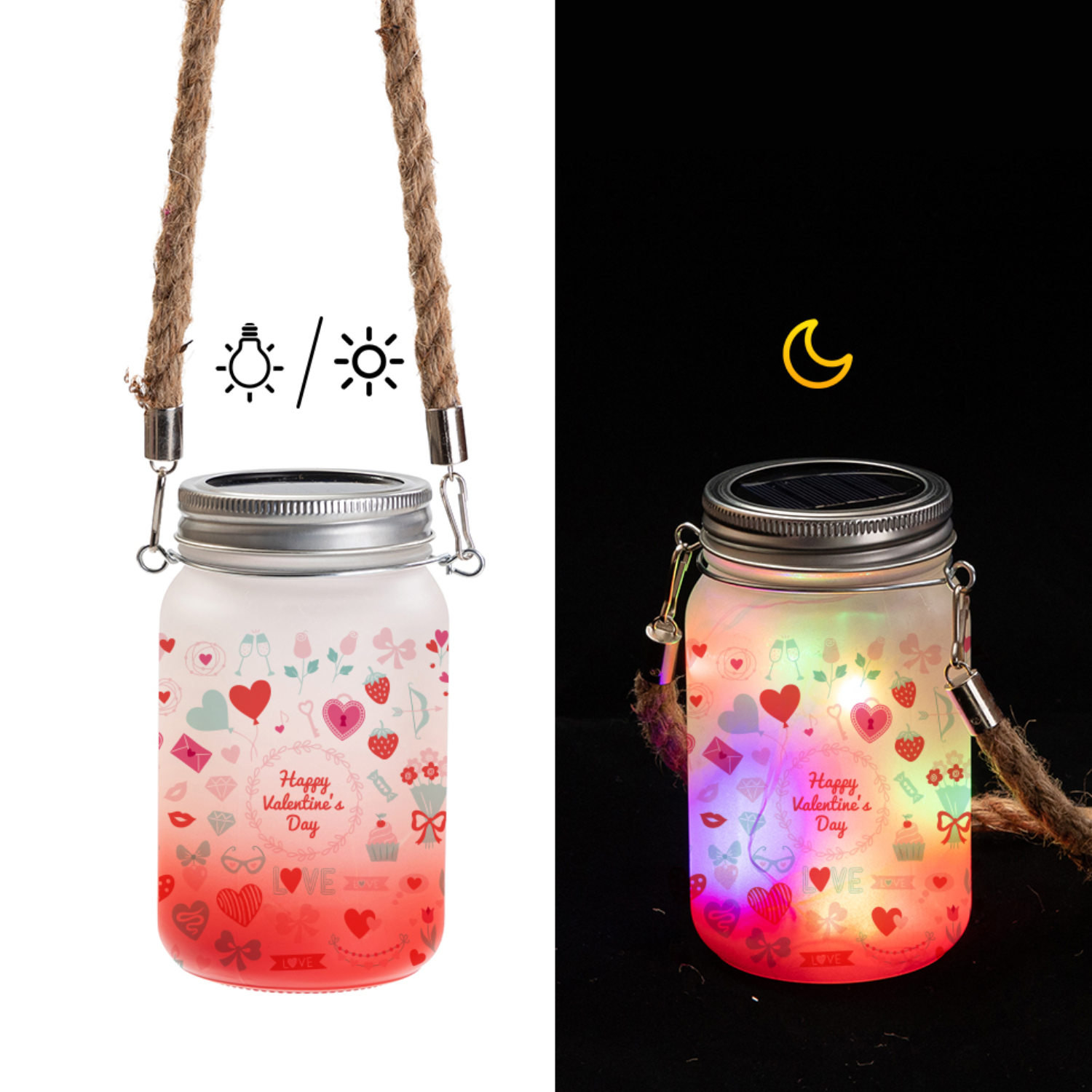 Mason Jar de Vidrio | Con luces y cuerda | Frosted con degradé rojo | 15 oz