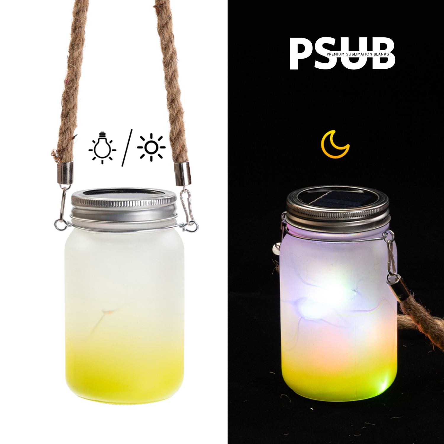 Mason Jar de Vidrio | Con luces y cuerda | Frosted con degradé amarillo | 15 oz